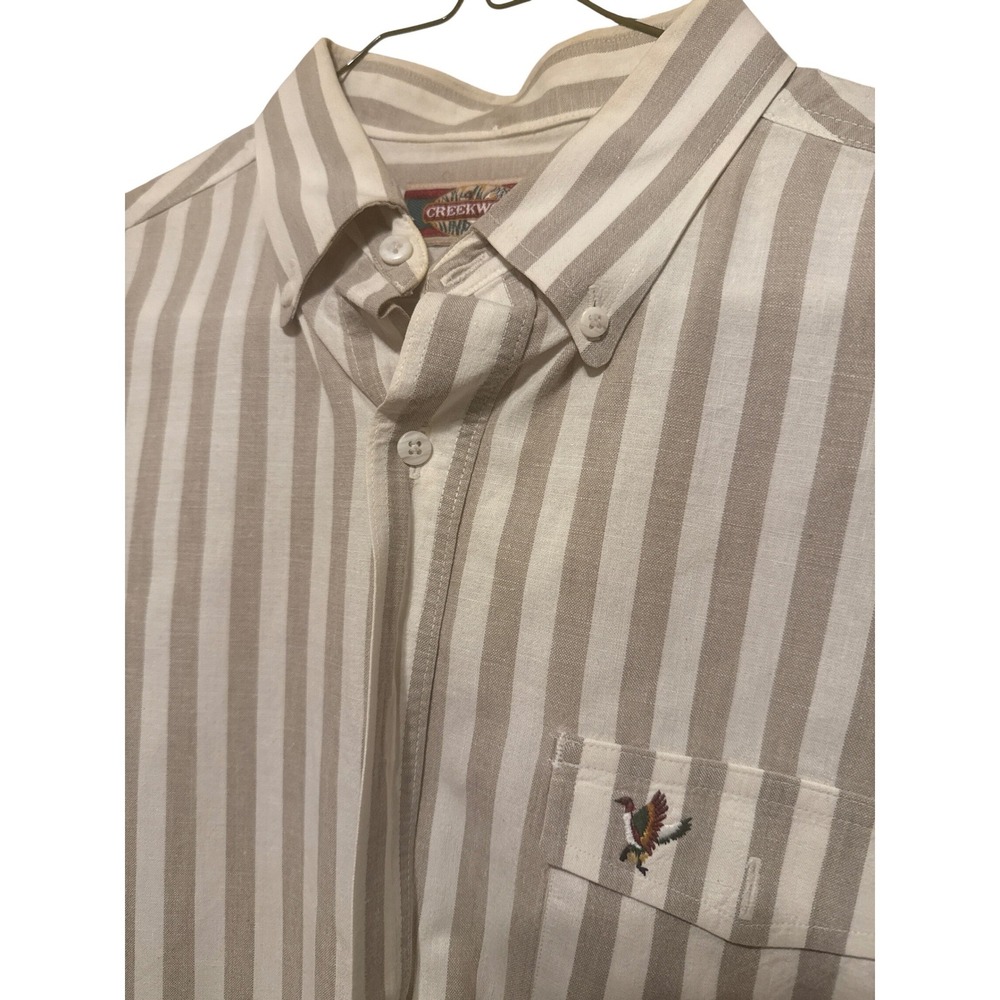 Creekwood Mens XLT Striped Button Down Shirt Tan White Embroidered Duck Mallard‎